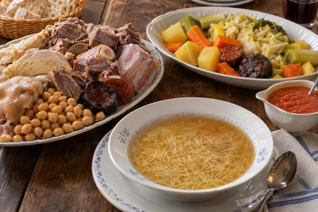 Cocido madrileño con sopa de fideos, garbanzos, carnes, chorizo, morcilla, patatas y verduras servido en fuentes separadas.