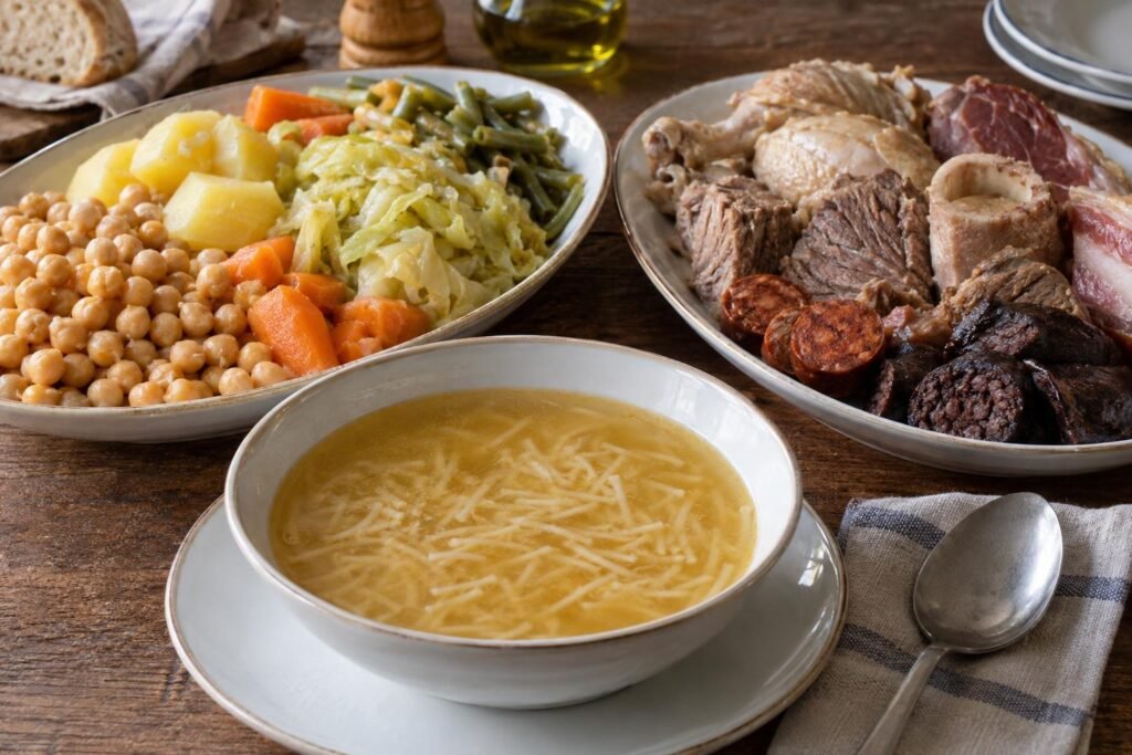Cocido madrileño servido con sopa de fideos, garbanzos, verduras, morcillo, gallina, chorizo y morcilla