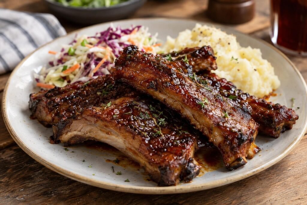 Costillas de cerdo cortadas y glaseadas con salsa BBQ brillante, servidas con puré de papa y ensalada de repollo.