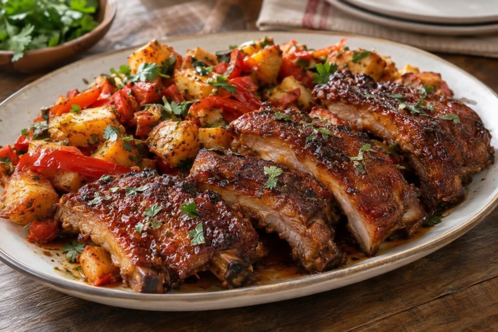 Costillas de cerdo al horno doradas con papas salteadas, pimiento rojo, tomate y cilantro