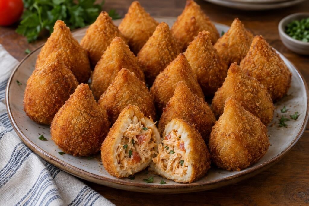 Coxinhas brasileñas de pollo con forma de gota, doradas y crujientes, una abierta para mostrar el relleno de pollo desmechado y queso crema.