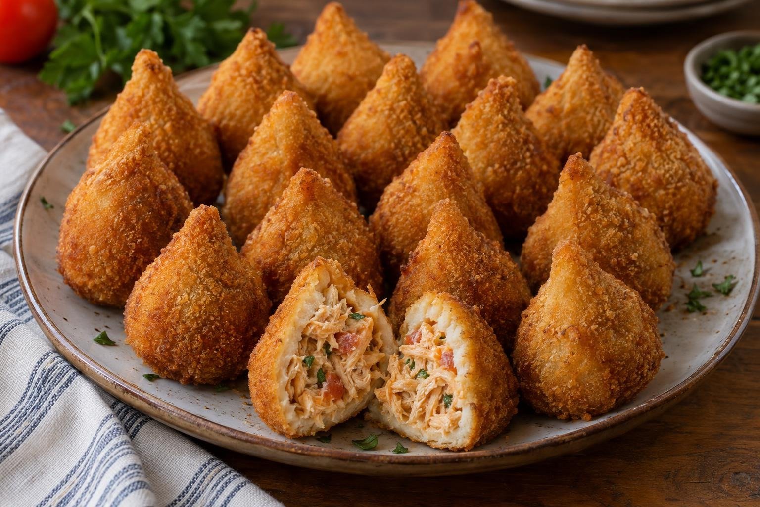 Coxinhas brasileñas de pollo con forma de gota, doradas y crujientes, una abierta para mostrar el relleno de pollo desmechado y queso crema.