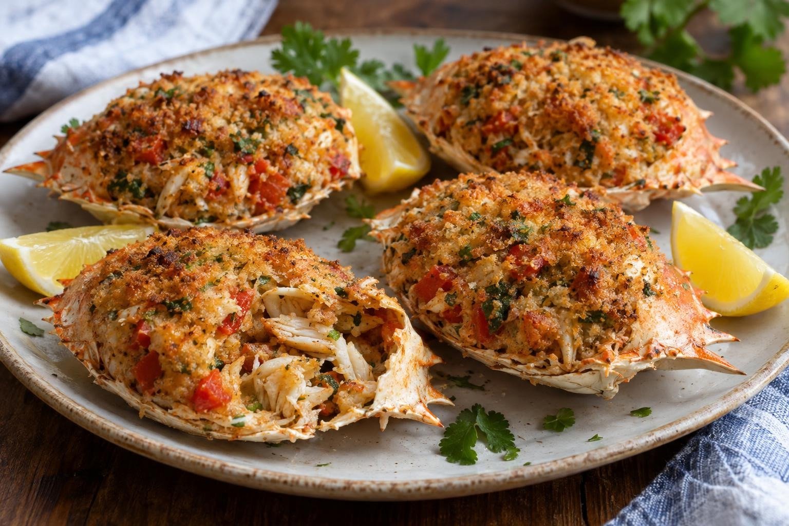 Crabbacks de San Andrés rellenos de cangrejo, leche de coco y sofrito, horneados en sus caparazones con superficie dorada y gajos de limón.