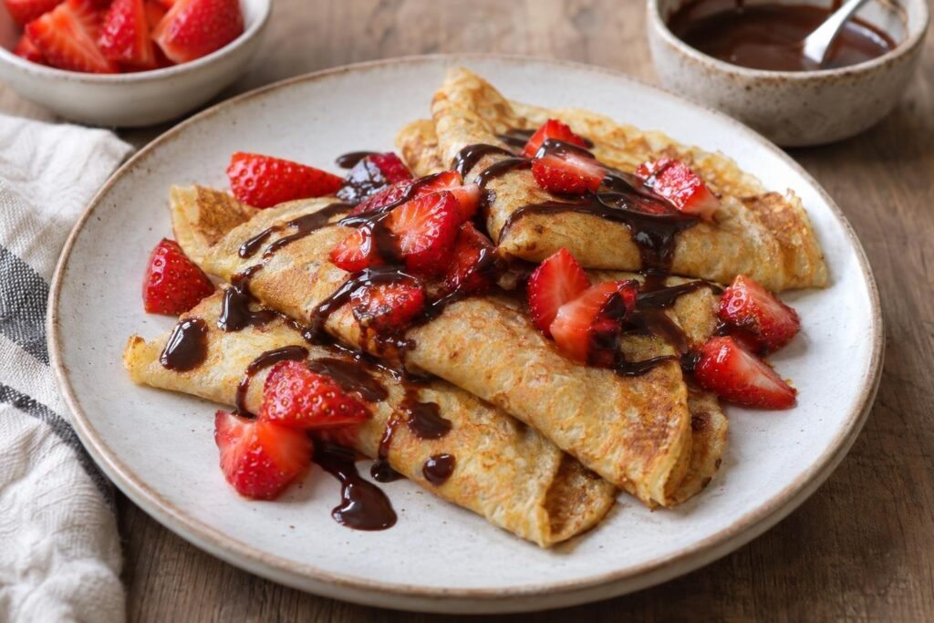 Crepes pequeños de plátano y harina de almendras doblados, con fresas troceadas y salsa de cacao brillante.