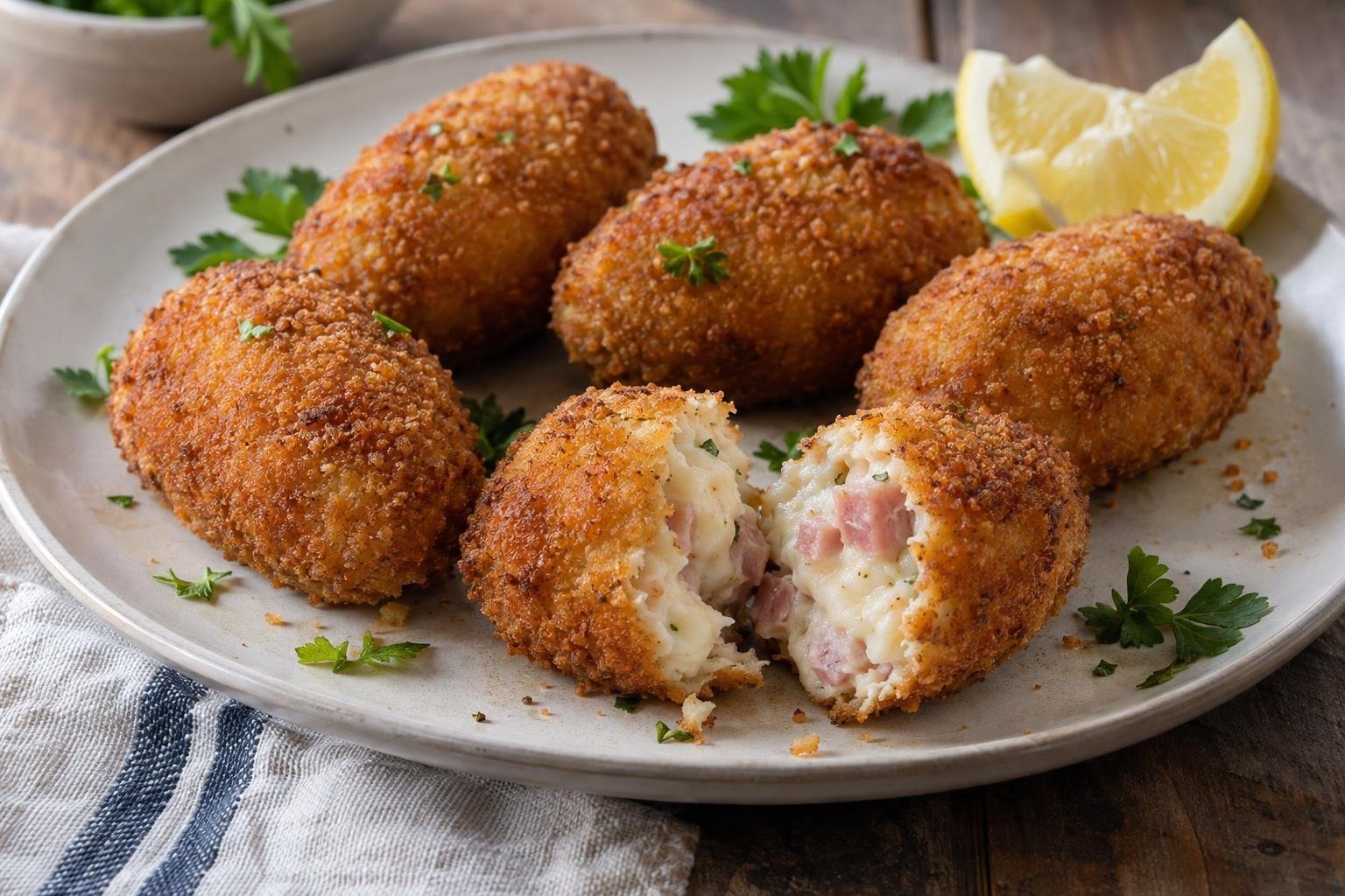 Croquetas cubanas de jamón ovaladas y doradas, una partida para mostrar su relleno cremoso con trozos de jamón.