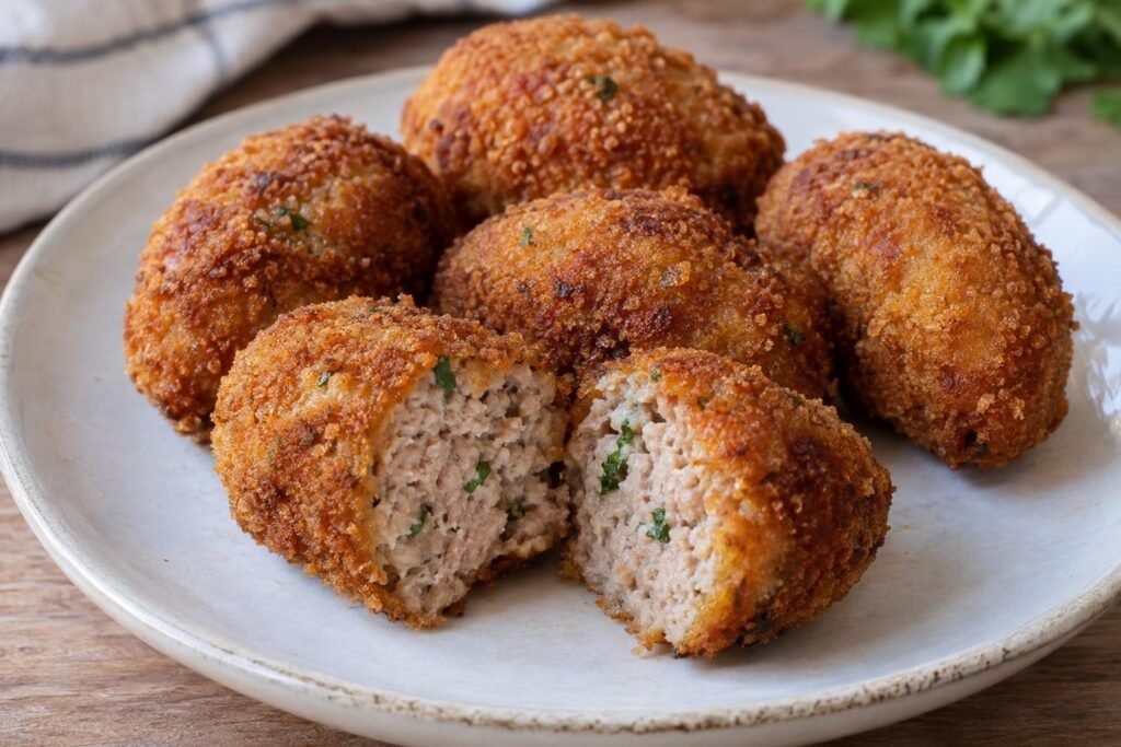 Croquetas ovaladas de carne molida de cerdo empanizadas, doradas y servidas en un plato, con una pieza cortada que muestra el interior.