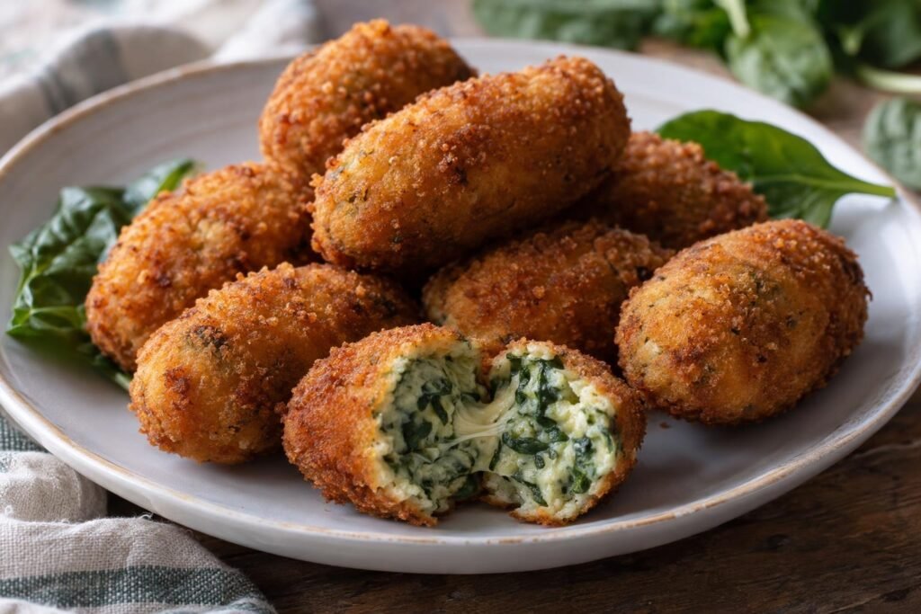 Croquetas ovaladas de espinacas y queso con rebozado dorado y centro cremoso servido en una fuente.