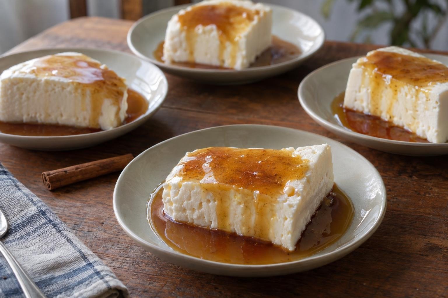 Porciones de cuajada fresca blanca bañadas con melao de panela y canela en platos individuales.