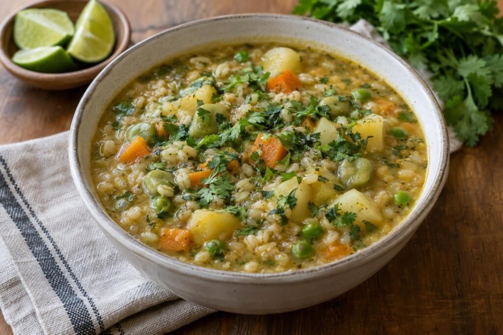 Plato hondo de cuchuco de cebada boyacense espeso con papa, arracacha, arvejas, habas y cilantro