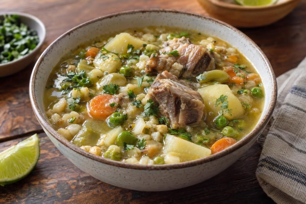 Cuenco de cuchuco de maíz añejo tolimense con espinazo de cerdo, papa, habas, arvejas, zanahoria y cilantro.