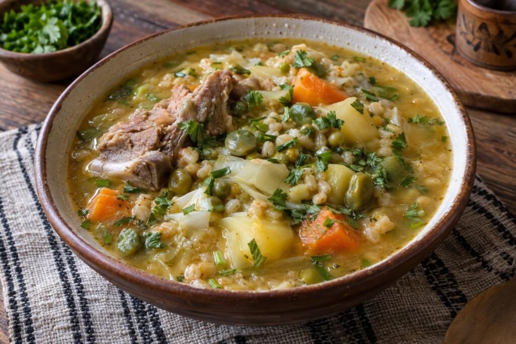 Plato hondo de cuchuco de trigo boyacense con espinazo de cerdo, papa, arvejas, habas, zanahoria y cilantro.