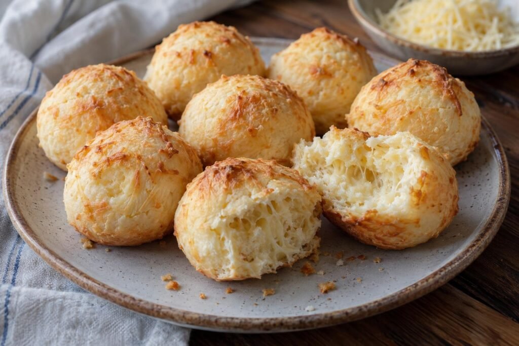 Cuñapés bolivianos de queso redondos, dorados y partidos para mostrar su miga elástica de almidón de yuca.