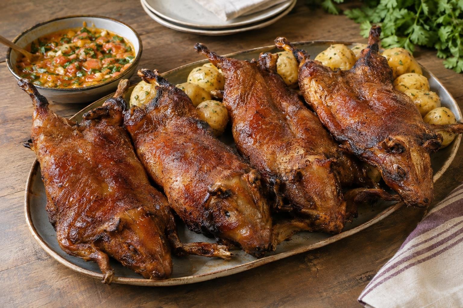 Cuyes nariñenses enteros asados al horno, dorados y crujientes, servidos con papas pastusas y ají de tomate de árbol.
