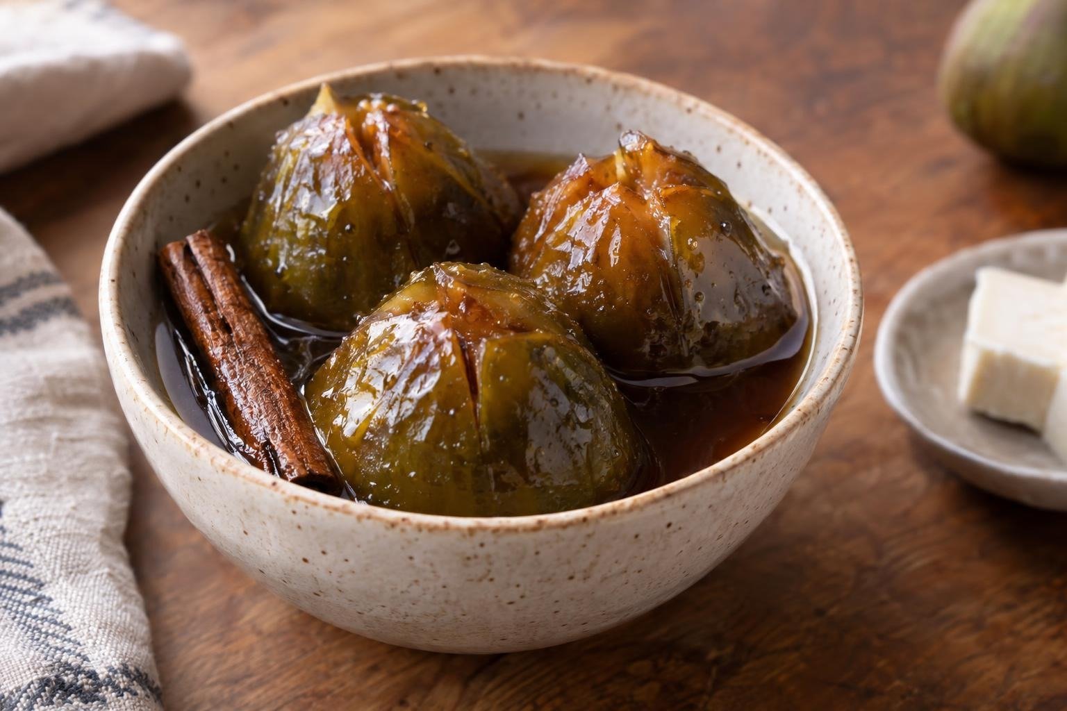 Dulce de brevas colombianas enteras en almíbar brillante de panela, servido con una rama de canela y queso fresco.