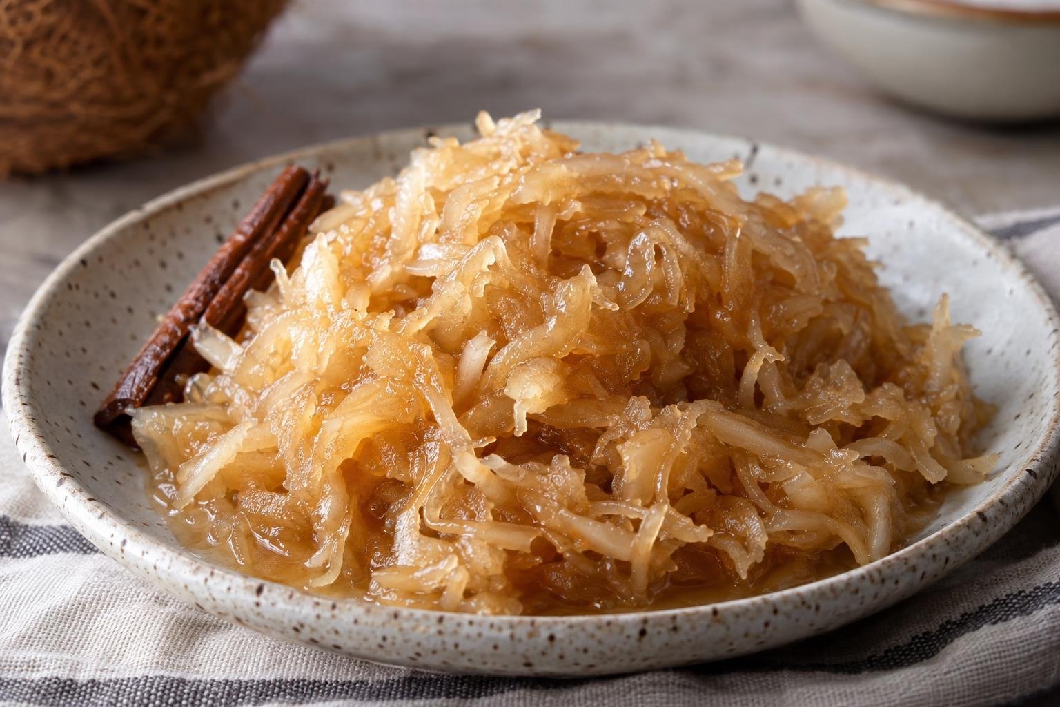 Porción de dulce de coco colombiano húmedo y brillante, con hebras de coco en almíbar y una rama de canela al lado.