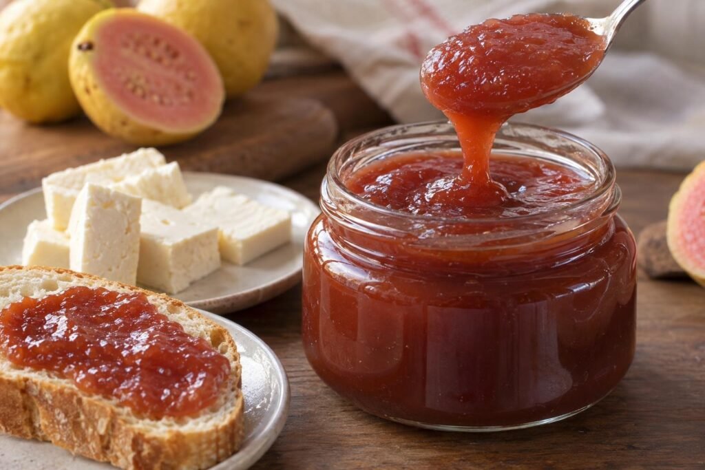 Dulce de guayaba colombiano rojo y brillante servido en un frasco, con pan y queso fresco al lado.