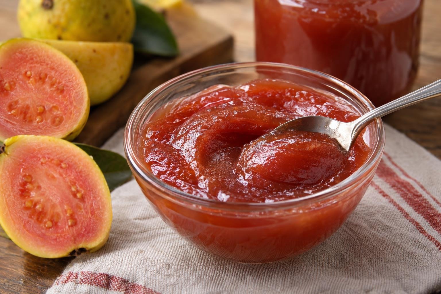 Dulce de guayaba colombiano suave y brillante servido en un cuenco de vidrio con guayabas maduras al lado.