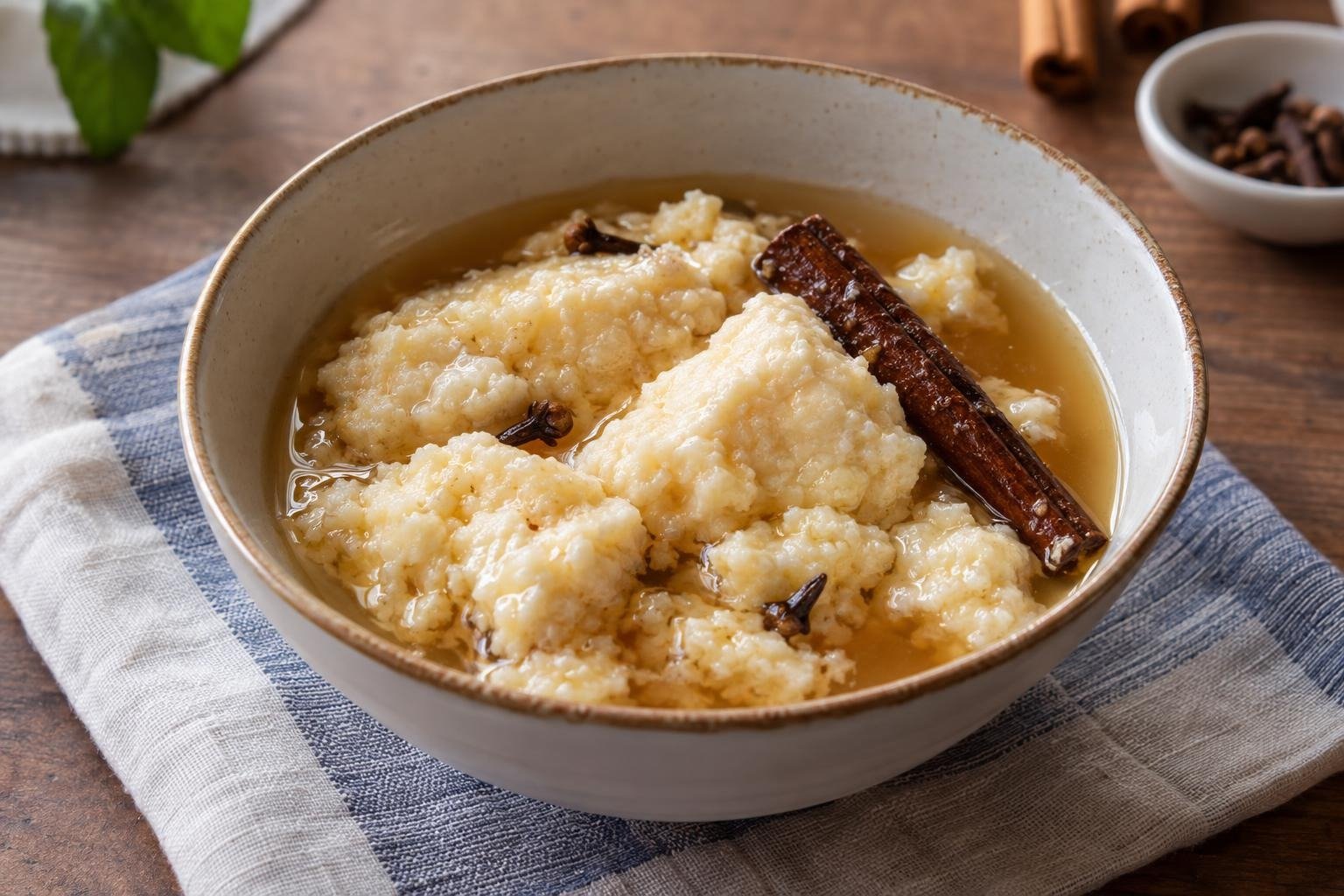 Cuenco con dulce de leche cortada colombiano, grumos tiernos en almíbar claro con canela.