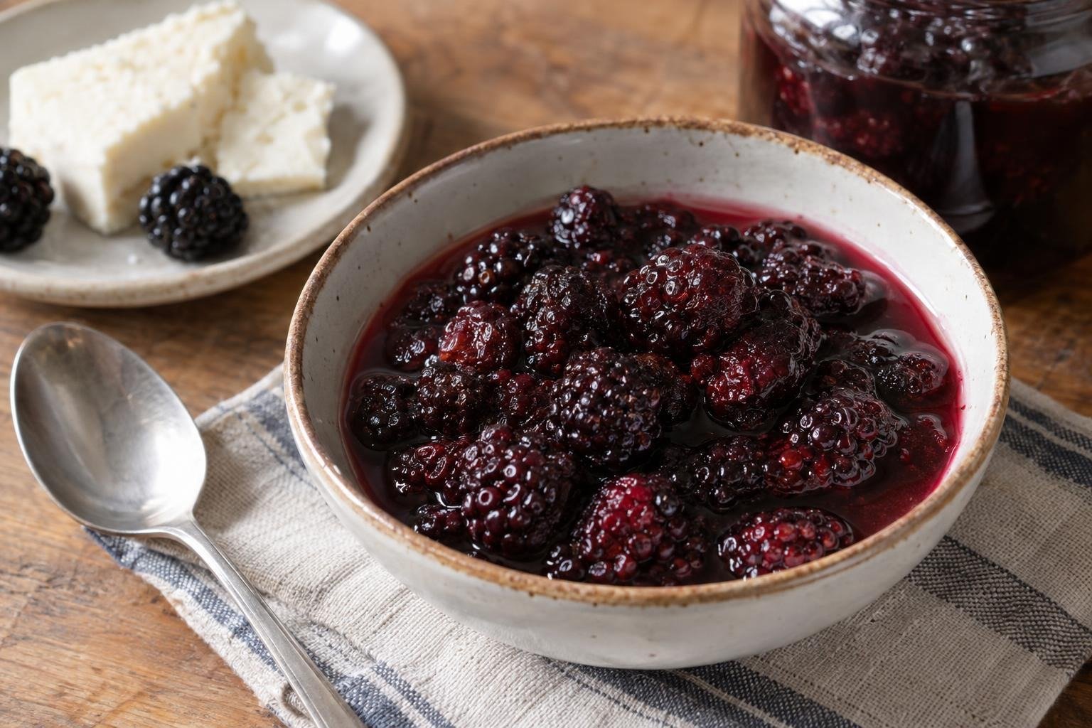 Dulce de mora colombiano con moras enteras en almíbar brillante servido en un cuenco