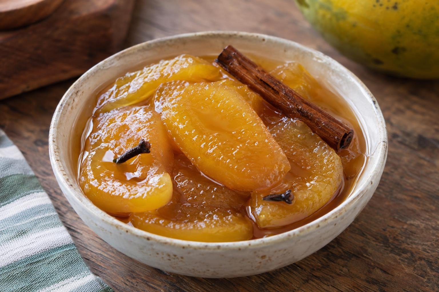 Tajadas tiernas de papayuela colombiana en almíbar dorado con canela y clavo, servidas en un cuenco.