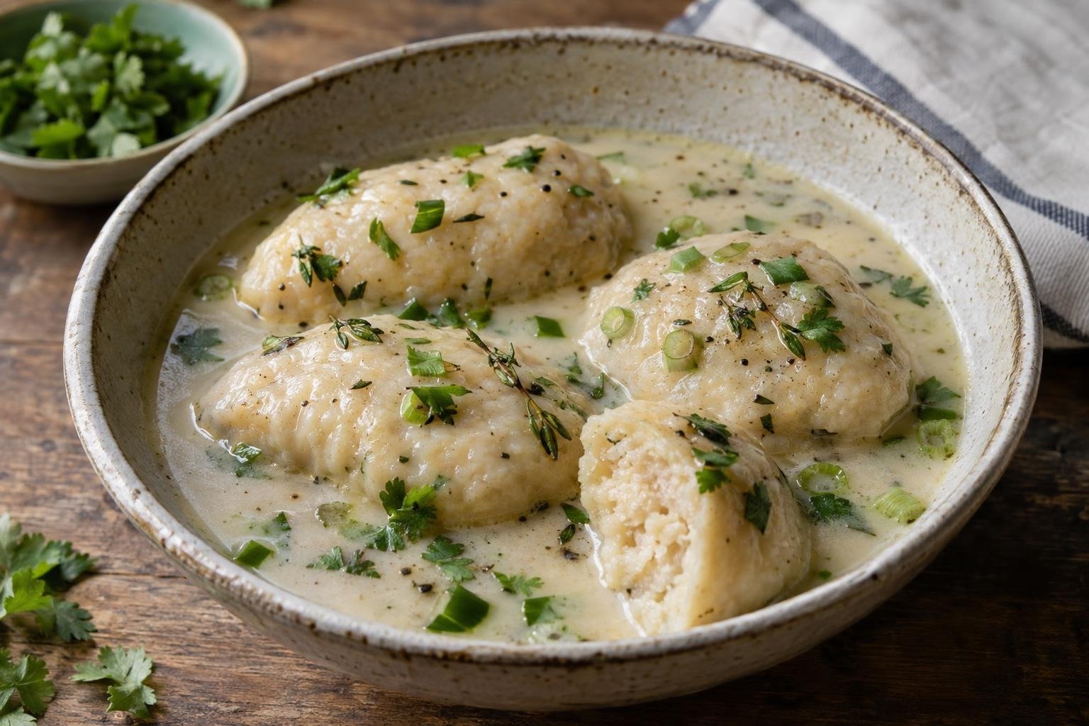 Dumplings isleños ovalados servidos en caldo de leche de coco con cebollín y tomillo