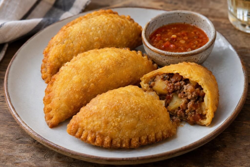 Empanadas de añejo nariñenses fritas, doradas y semicirculares, rellenas de carne, papa y guiso, servidas con ají colombiano.