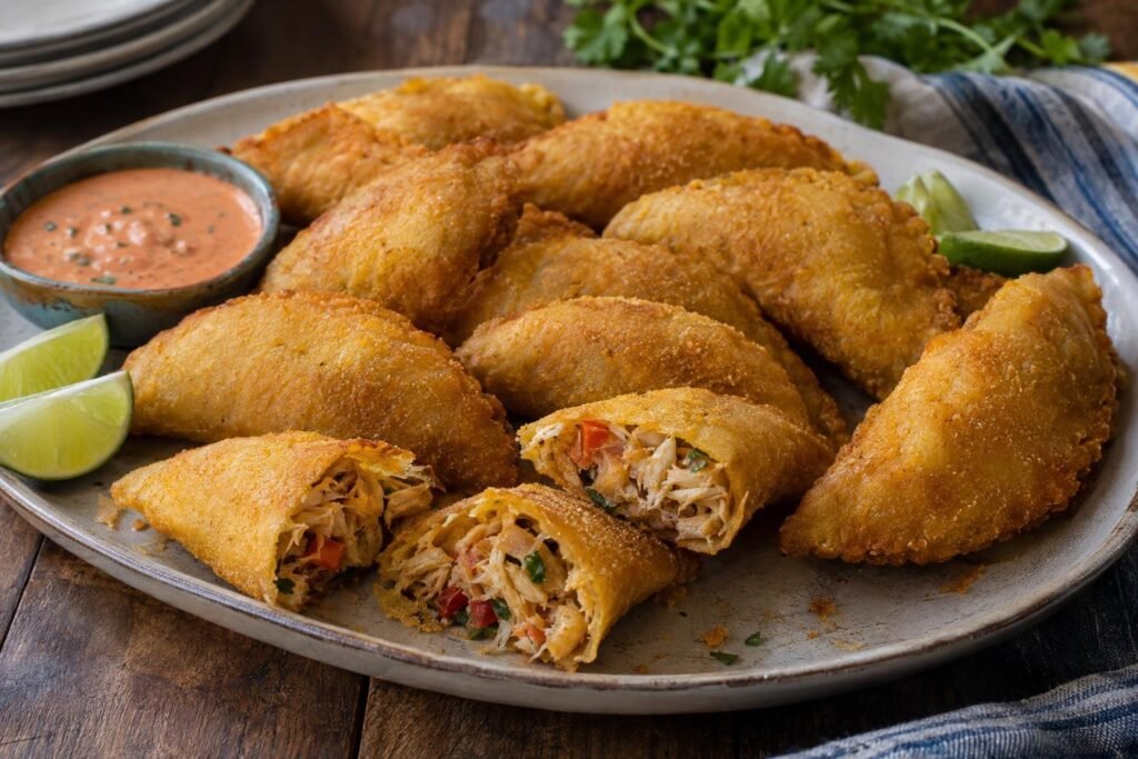 Empanadas doradas de cangrejo de San Andrés hechas con masa de maíz, acompañadas de limón y salsa suave.
