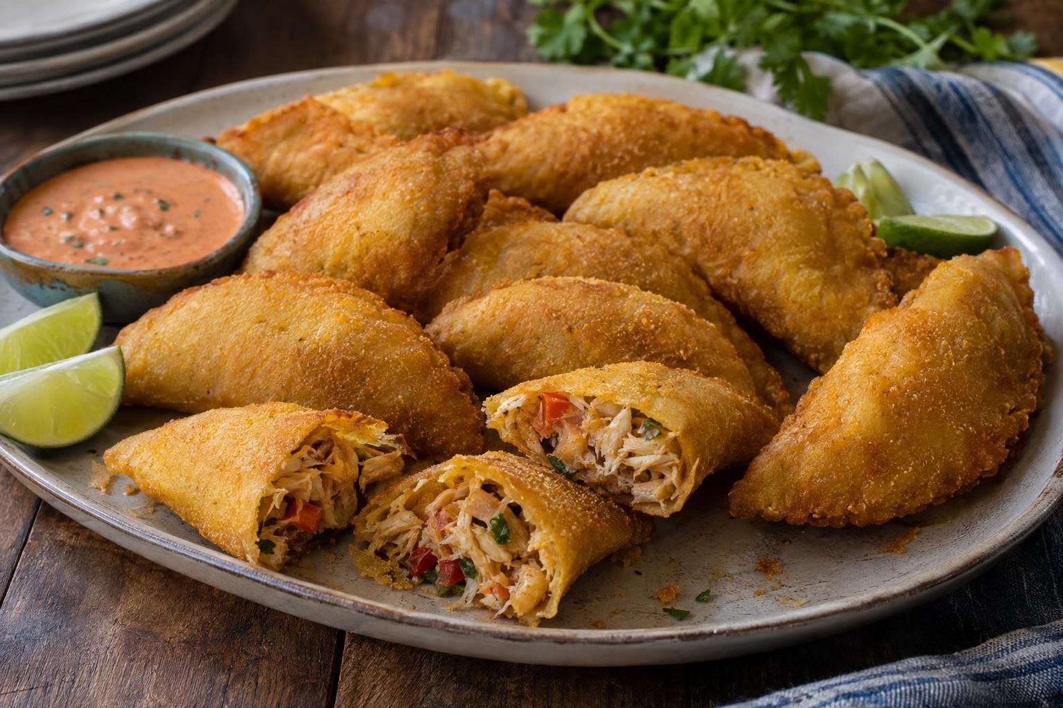Empanadas doradas de cangrejo de San Andrés hechas con masa de maíz, acompañadas de limón y salsa suave.