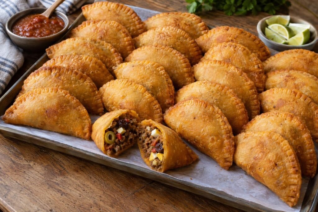Empanadas de carne fritas con masa de maíz dorada, relleno de carne molida, huevo, pasas y aceitunas, servidas con ají y limón.