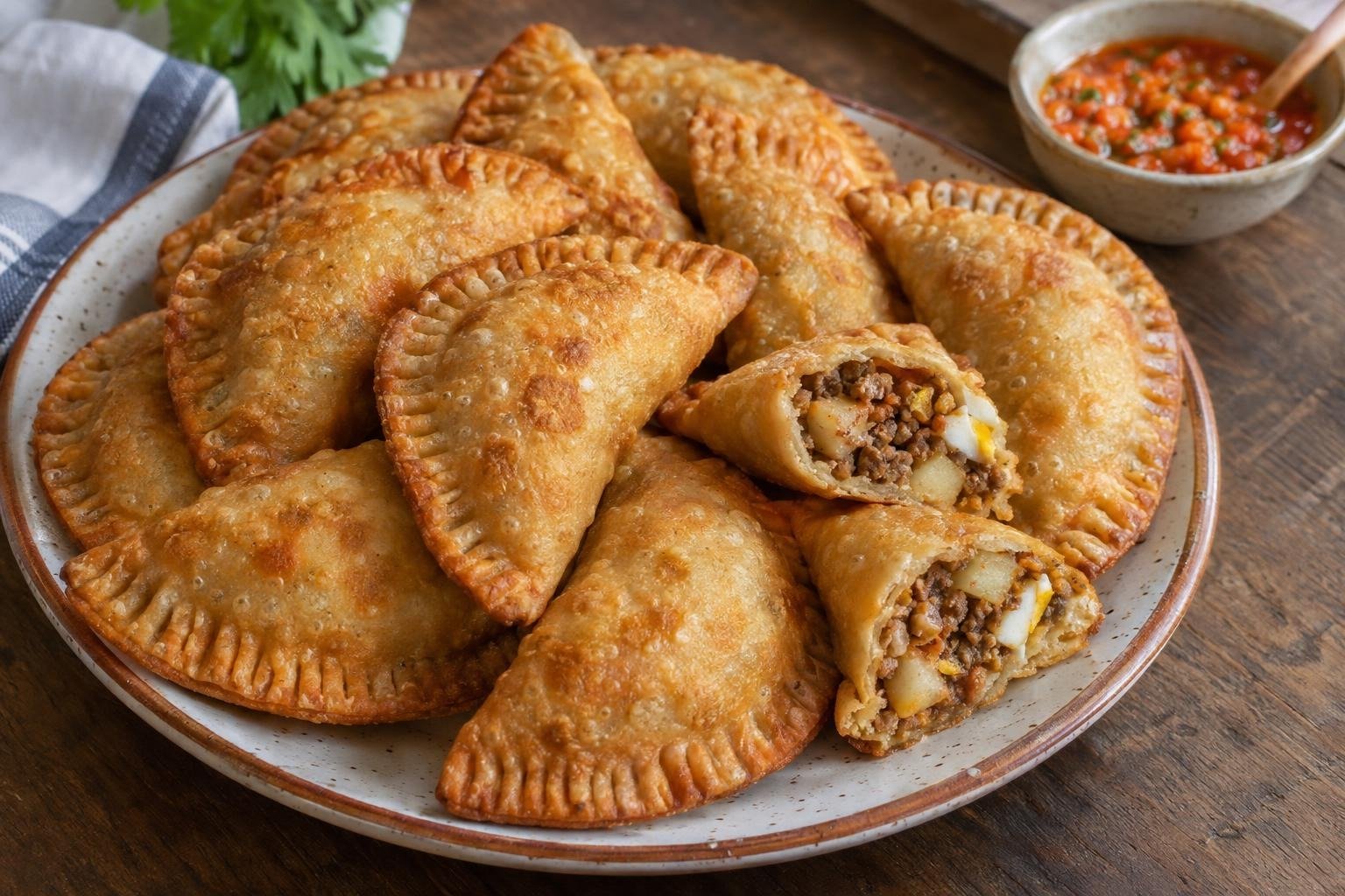 Empanadas de iglesia santandereanas fritas, doradas y rellenas de carne, papa y huevo, servidas con ají.