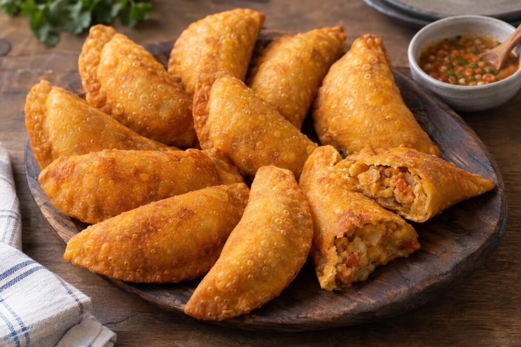 Empanadas de pipián caucanas fritas, doradas y rellenas de papa, maní y hogao, servidas con ají colombiano.