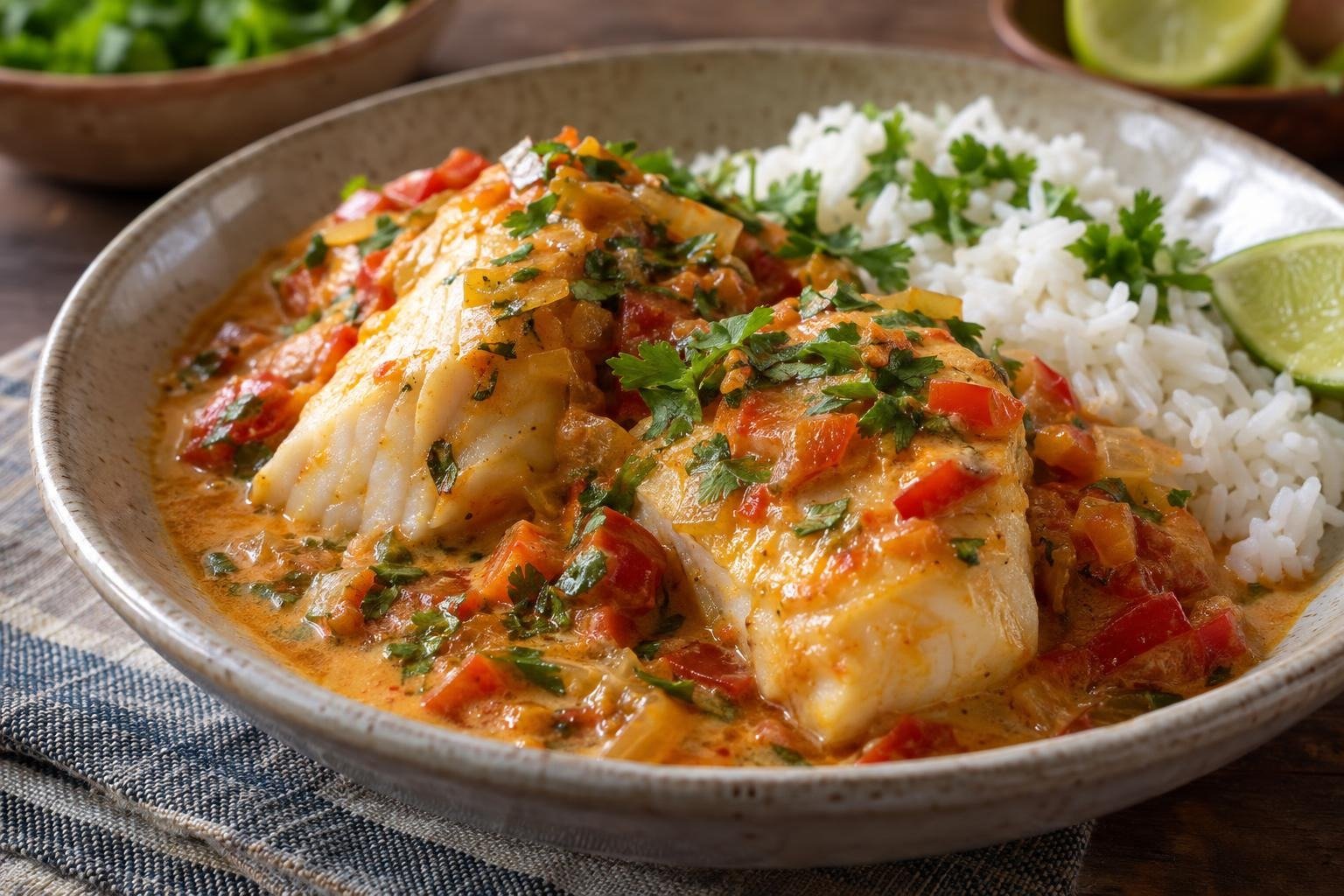 Encocado de pescado blanco en salsa cremosa de leche de coco, tomate y pimentón, servido con arroz blanco y cilantro.