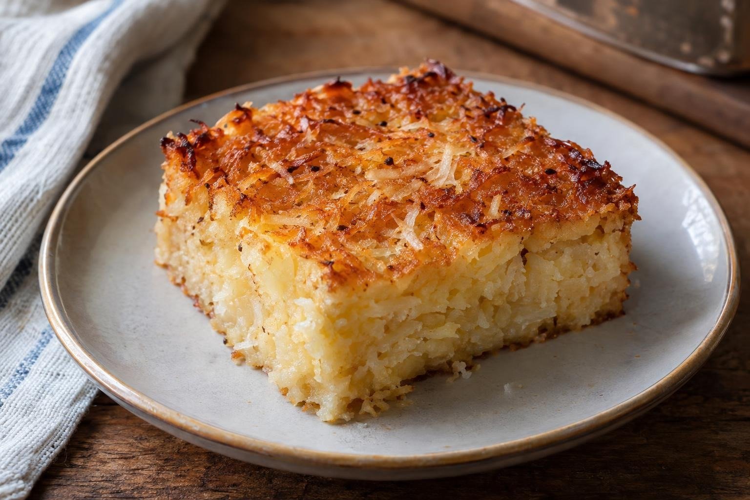 Porción rectangular de enyucado colombiano de yuca y coco, con superficie dorada y miga húmeda visible.