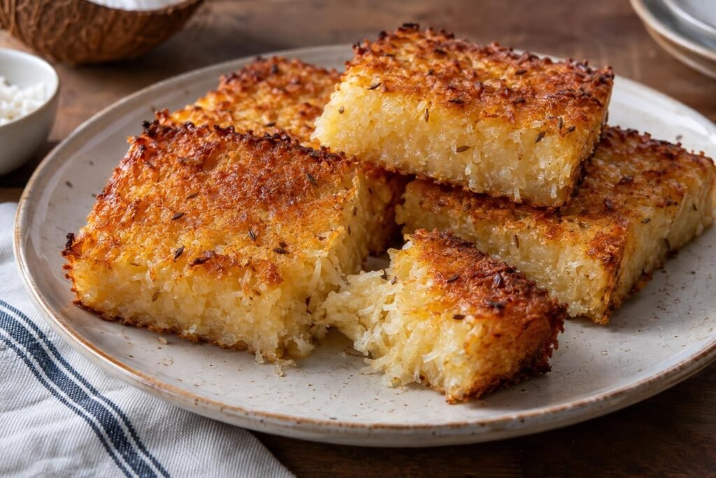 Tajadas rectangulares de enyucado colombiano de yuca y coco, con superficie dorada y miga húmeda y compacta