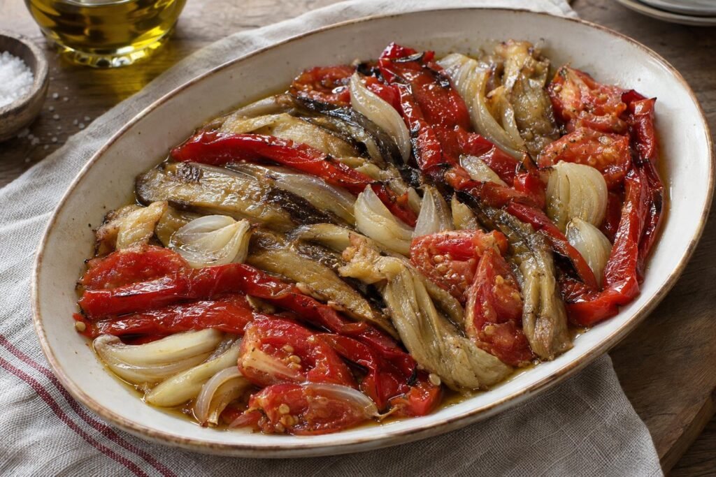 Escalivada catalana templada con tiras de berenjena y pimiento rojo, tomate y cebolla asados, aliñada con aceite de oliva.