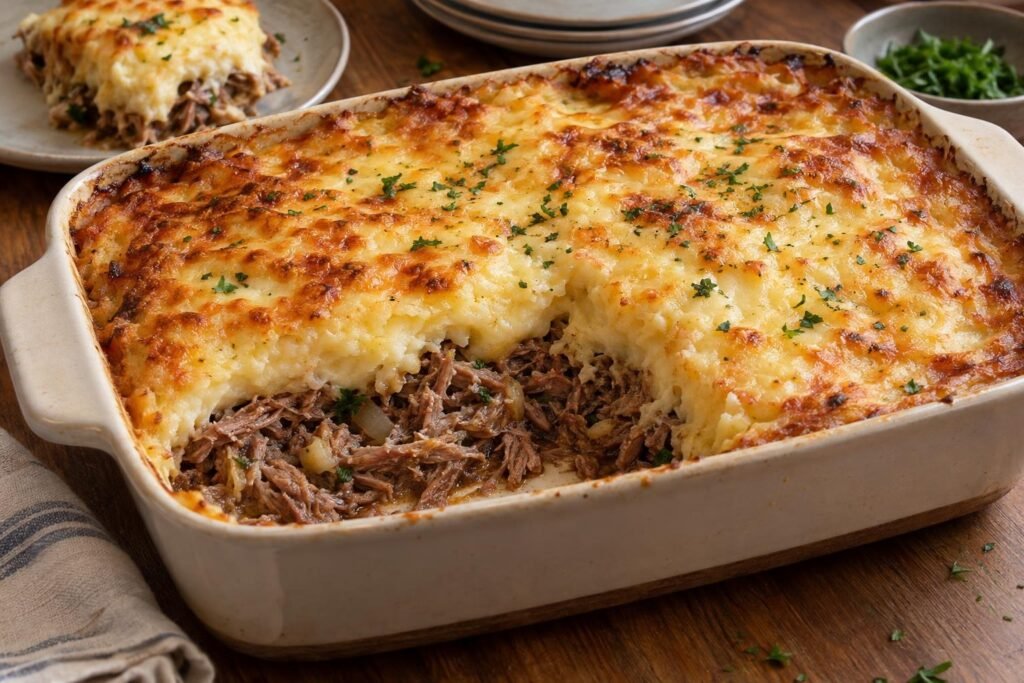 Escondidinho brasileño de carne seca con puré de mandioca y queso gratinado en una fuente