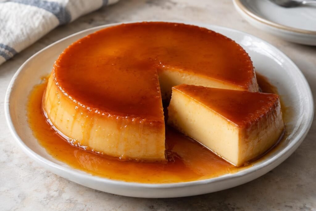 Flan redondo de leche condensada y queso crema desmoldado, con caramelo ámbar y una tajada que muestra su textura cremosa.