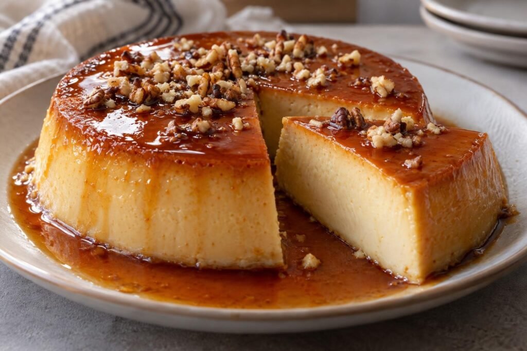 Flan de queso manchego desmoldado con caramelo brillante y nueces tostadas, con una tajada que muestra su textura cremosa.