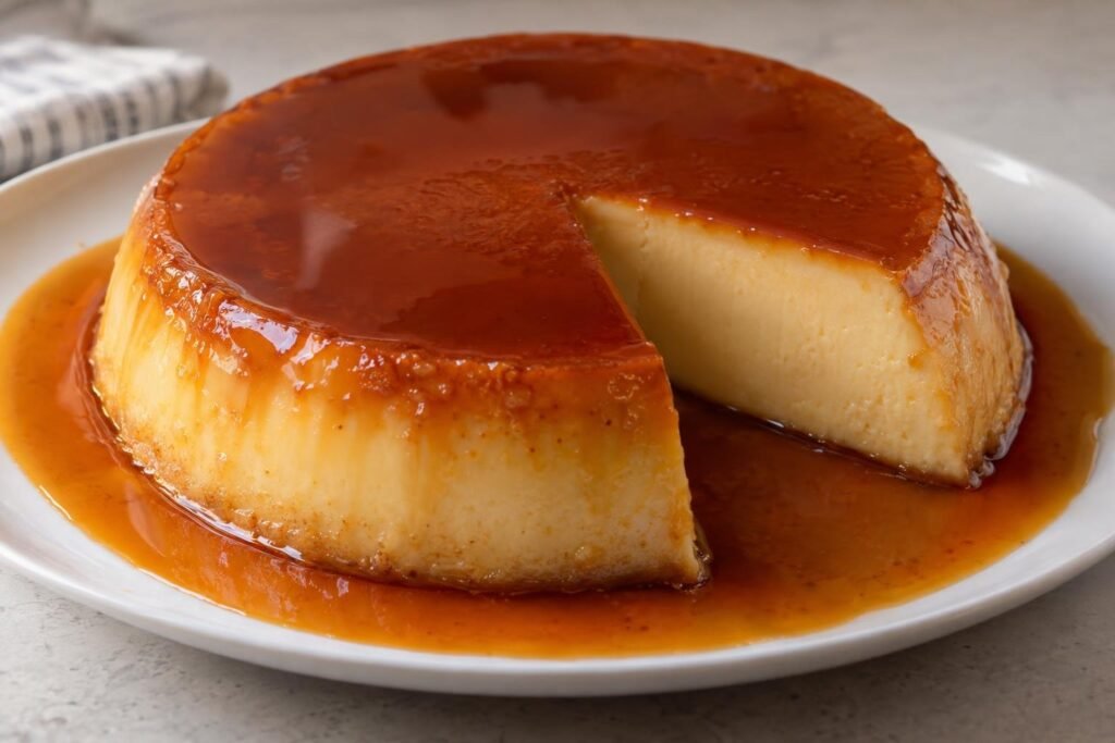Flan napolitano de queso crema desmoldado con caramelo ámbar y una porción cortada de textura cremosa.