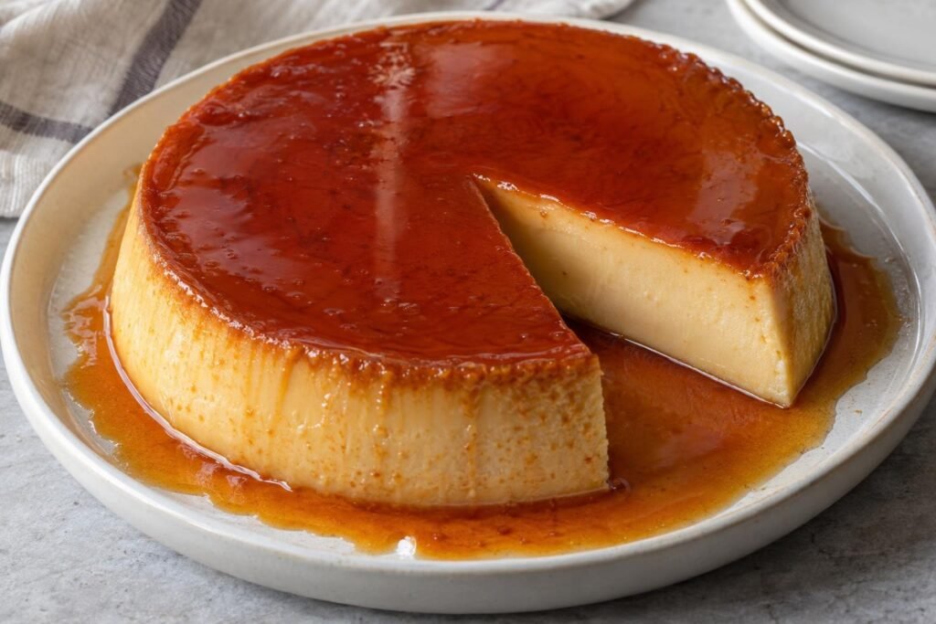 Flan napolitano Nestlé con queso crema, desmoldado y cubierto con caramelo ámbar brillante.