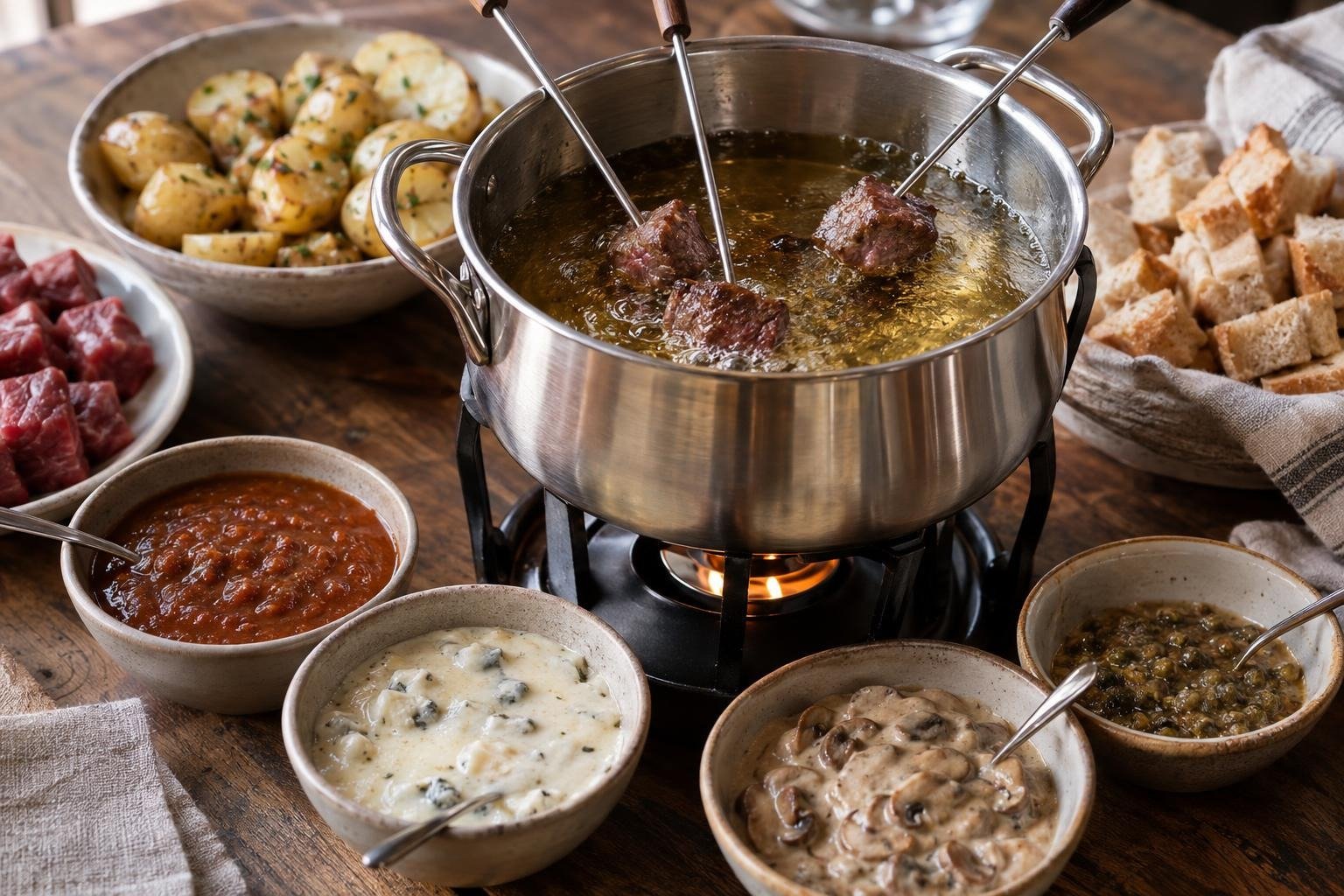 Fondue de carne con cubos de lomo dorados, papas cocidas y cuatro salsas caseras servidas alrededor de la olla.