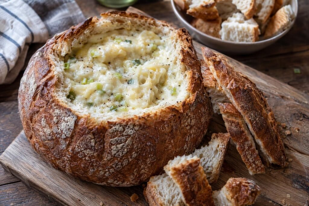 Pan de payés dorado relleno de fondue cremosa de emmental, queso de cabra y cebolleta, servido con tiras de pan para untar.