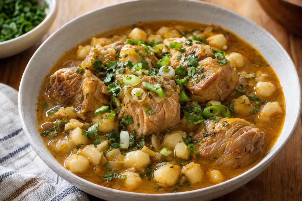 Plato hondo de fricasé paceño boliviano con trozos de cerdo, mote y caldo especiado de ají amarillo, decorado con cebolla larga y cilantro.