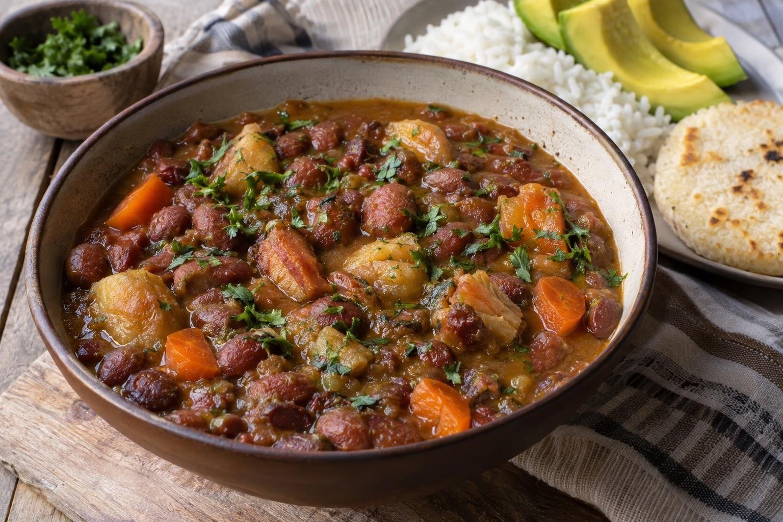 Tazón de fríjoles antioqueños espesos con tocino, plátano verde, zanahoria y cilantro, acompañado de arroz, aguacate y arepa.