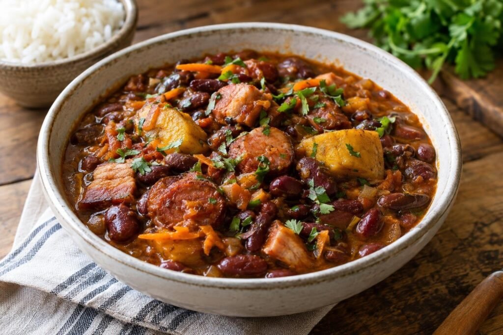 Frijoles borrachos colombianos espesos con tocino, salchicha, plátano verde, zanahoria y cilantro servidos calientes