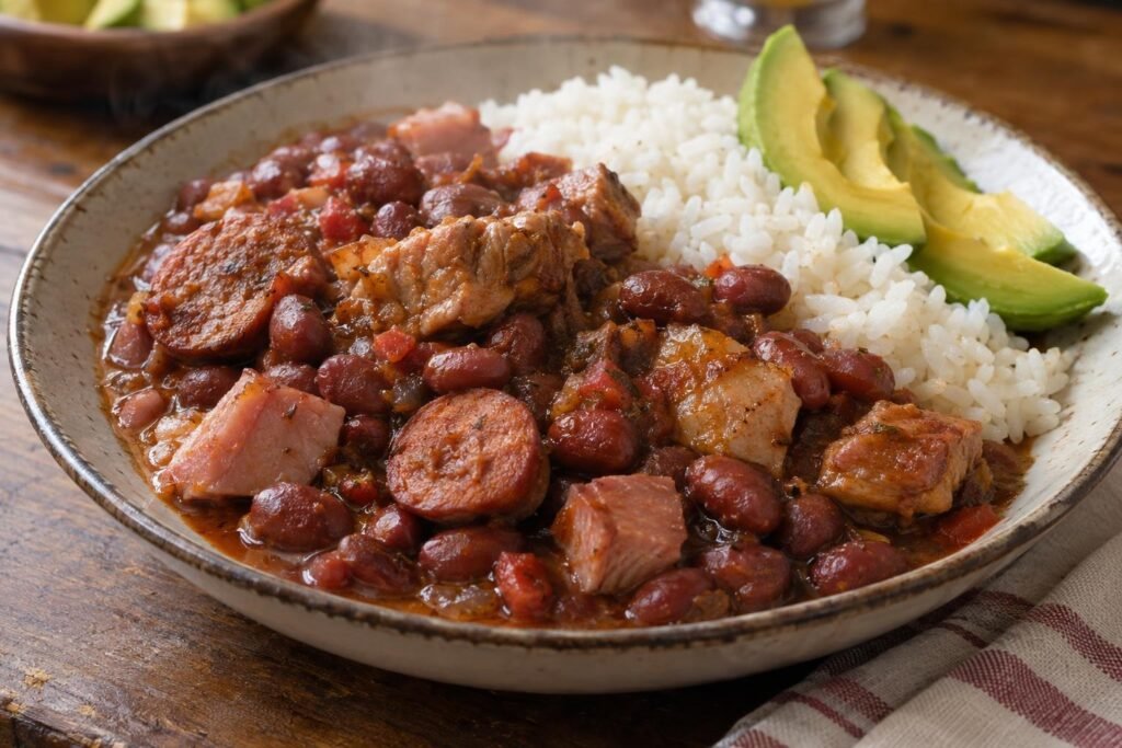Frijoles brasileños espesos con trozos de cerdo, chorizo y jamón, servidos con arroz blanco y aguacate.