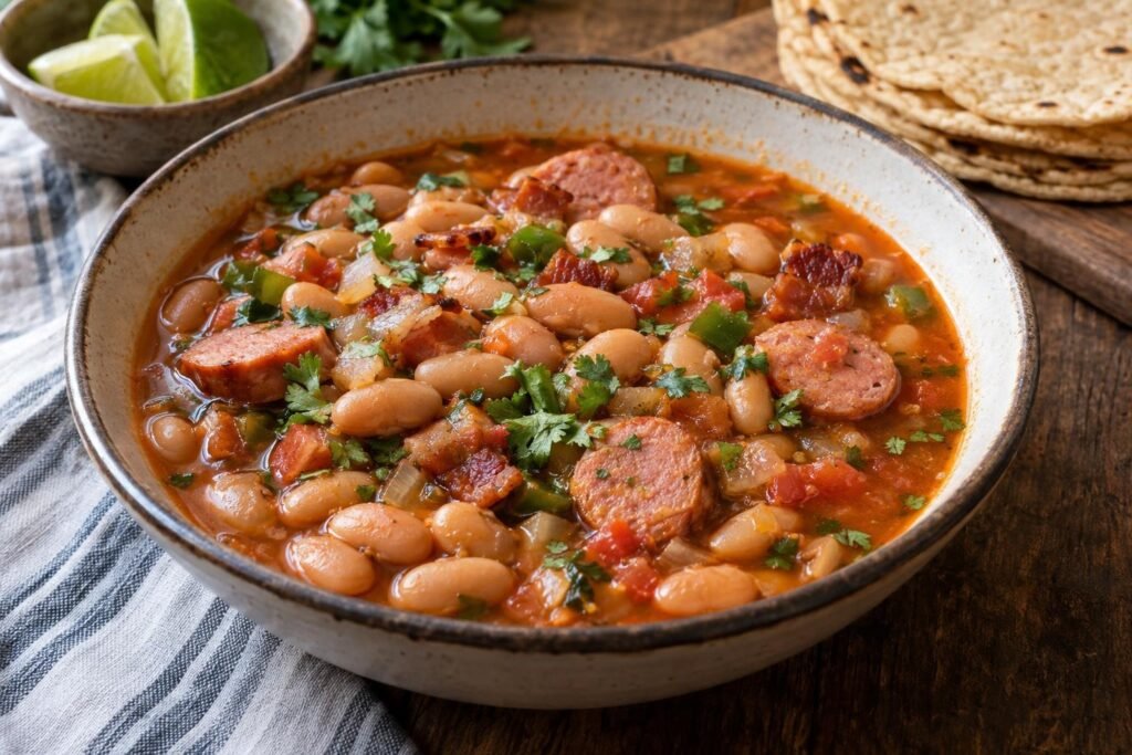 Plato hondo de frijoles charros caldosos con tocino dorado, rodajas de salchicha, tomate, cilantro y jalapeño opcional.