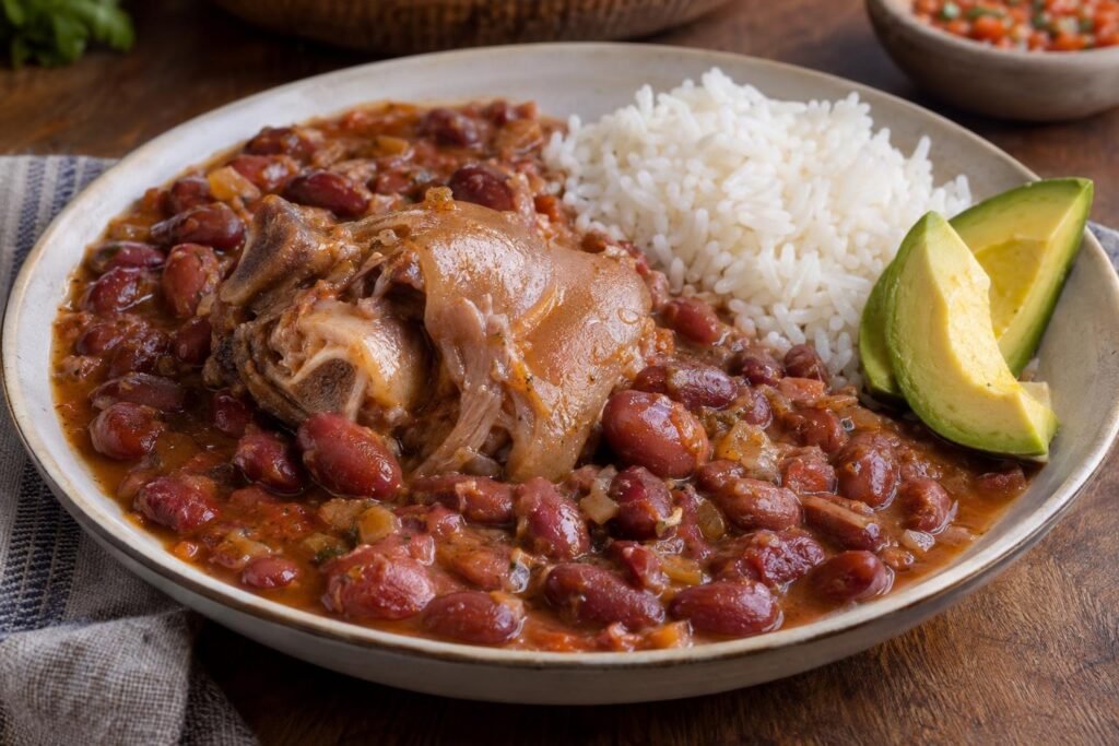 Frijoles rojos con pata de cerdo y caldo espeso, servidos con arroz blanco y aguacate