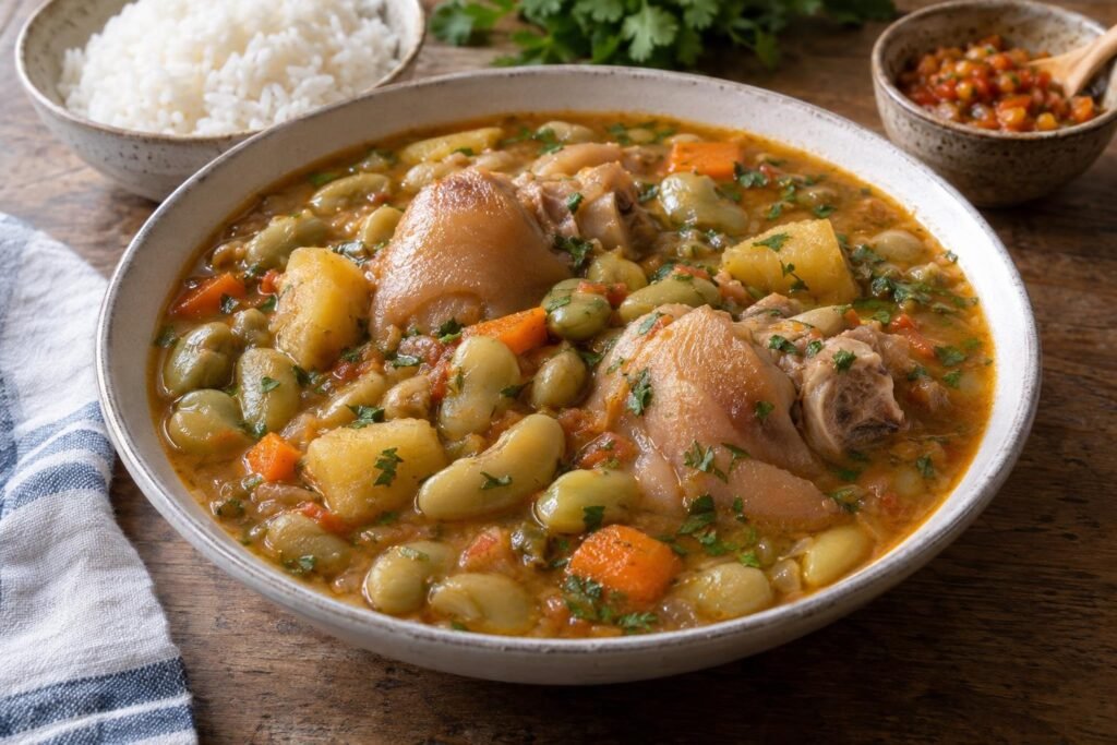Plato hondo de frijoles verdes colombianos con pata de cerdo, plátano verde, zanahoria, hogao y cilantro, acompañado de arroz blanco.