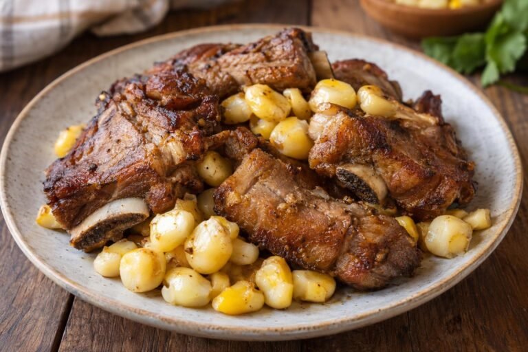 Fritada quiteña de cerdo en trozos dorados, acompañada de choclo desgranado en un plato.